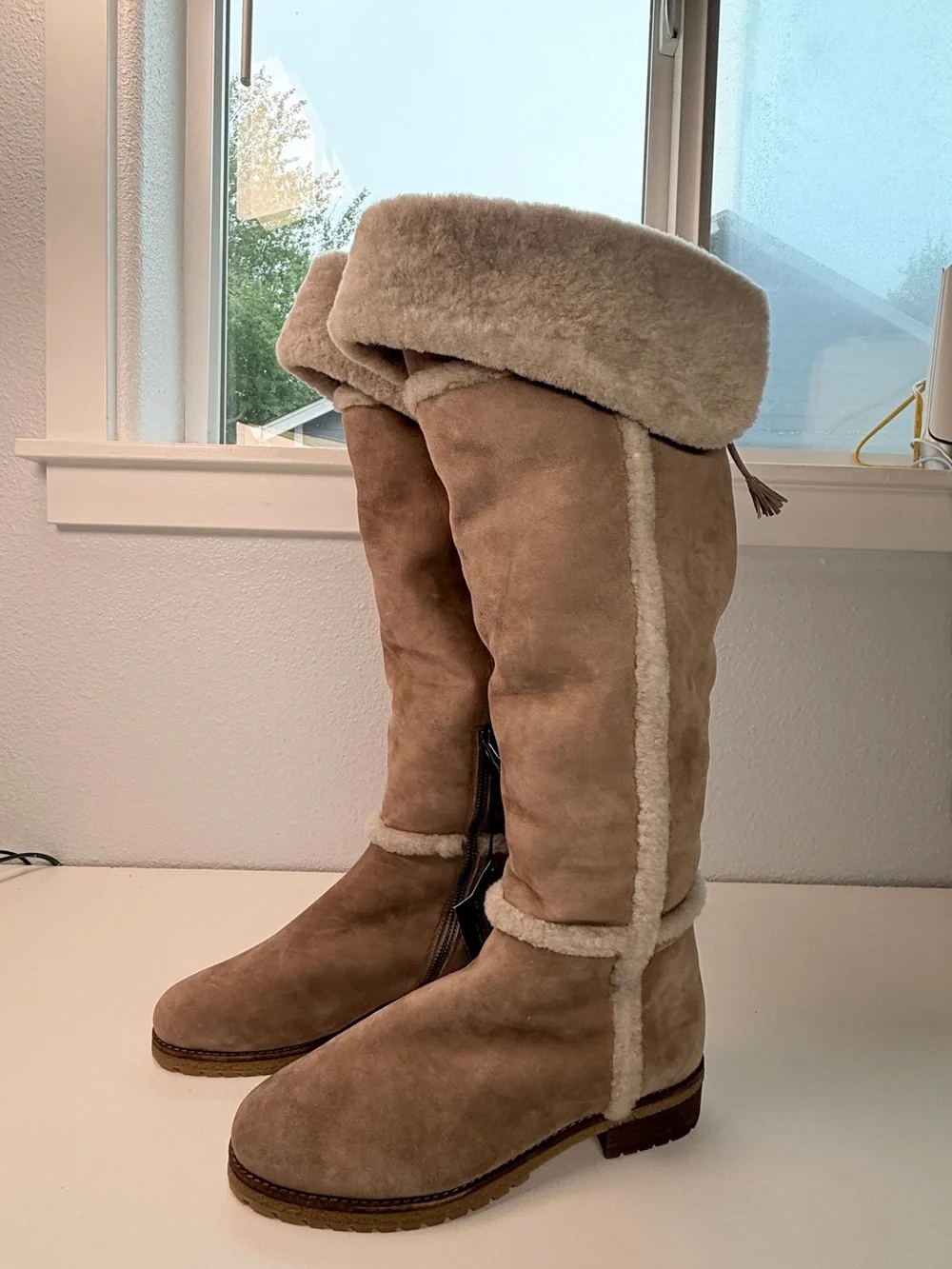 FRYE Tamara Over The Knee Shearling Boots Taupe Suede Fur Lined NWT women size 9